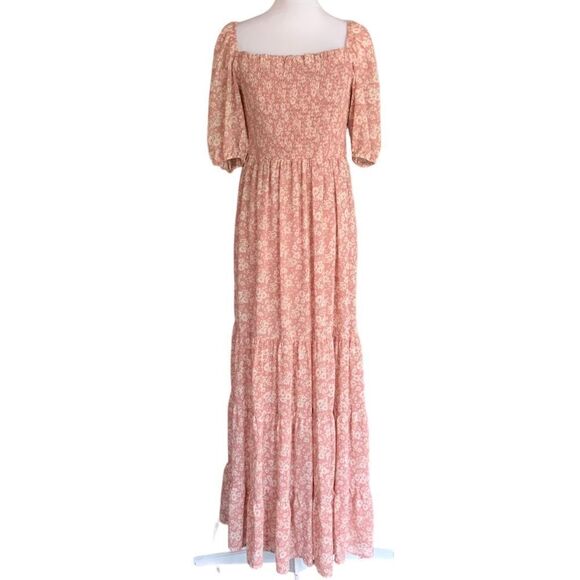 Altar’d State Floral Smocked Puffed Sleeve Square Neck Tiered Maxi Dress Sz S - Picture 2 of 12
